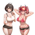  2girls absurdres ahoge armpits arms_behind_head arms_up azur_lane baltimore_(azur_lane) baltimore_(black_ace)_(azur_lane) bare_shoulders belt bikini black_choker black_shorts braid breasts bremerton_(azur_lane) brown_hair choker cleavage closed_mouth collarbone commission contrapposto covered_nipples cowboy_shot ear_piercing english_commentary eyewear_on_head french_braid grey_belt grey_hair groin hair_between_eyes hair_intakes hair_ornament hand_up highleg highleg_bikini highres large_breasts long_hair looking_at_viewer mole mole_under_eye multicolored_hair multiple_girls navel navel_piercing official_alternate_costume piercing pink_eyes pink_hair pixiv_commission red-tinted_eyewear short_hair short_shorts shorts side-tie_bikini_bottom sidelocks simple_background smile sports_bra sportswear standing stomach streaked_hair sunglasses sweat swimsuit tagua thigh_strap tinted_eyewear tongue tongue_out tongue_piercing twintails two-tone_hair white_background white_sports_bra yellow_eyes 