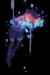  1other bandaged_arm bandages black_background black_thighhighs blue_flower blue_shorts boots brown_footwear brown_hair closed_eyes fingernails flower frisk_(undertale) hair_between_eyes hands_up highres lazy_kun long_sleeves lying petals purple_sweater short_hair shorts simple_background sleeping solo striped_clothes striped_sweater sweater teeth thighhighs undertale wide_sleeves 