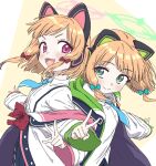  2girls animal_ear_headphones animal_ears blue_archive blue_bow blush bow brilliantko cat_ear_headphones coat collared_shirt fake_animal_ears green_eyes hair_bow halo headphones highres long_sleeves looking_at_viewer midori_(blue_archive) momoi_(blue_archive) multiple_girls open_clothes open_coat open_mouth orange_hair pink_eyes red_bow shirt siblings simple_background sisters smile twins two-tone_background v w white_coat white_shirt 