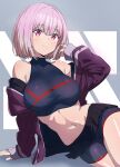  1girl bare_shoulders bike_shorts breasts gridman_universe gridman_universe_(film) highres jacket kamidan large_breasts midriff miniskirt navel off_shoulder pink_hair purple_eyes purple_jacket shinjou_akane short_hair sitting skirt smile solo ssss.gridman 