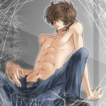  abs briefs brown_hair code_geass denim green_eyes grey_briefs jeans kururugi_suzaku male_focus male_underwear pants solo touya_(roukaku) unbuttoned underwear 