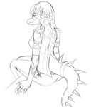 2024 5_fingers anthro baryonyx black_and_white breasts claws clothing crossgender dinosaur dress eyelashes female finger_claws fingers goodbye_volcano_high hair long_hair long_tail monochrome mtf_crossgender nick_(gvh) prometheuzone reptile scalie sitting sketch smile snout solo spiked_tail spikes spikes_(anatomy) spinosaurid tail tattoo theropod