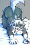 2:3 all_fours anthro bed big_breasts big_butt breasts butt canid canine canis digital_media_(artwork) eyes_closed female fur furniture grey_body grey_fur hair hi_res mammal nude okami_bark on_bed ookamiwaho open_mouth pawpads solo stretching tail white_body white_fur white_hair white_hands white_tail wide_hips wolf yawn