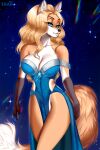 anthro bedroom_eyes big_breasts blonde_hair breasts canid canine cleavage clothed clothing cocktail_dress curvy_figure digital_media_(artwork) dress female fluffy fluffy_tail fox fur hair half-closed_eyes hi_res huge_breasts jewelry krystal legwear long_dress long_hair looking_at_viewer mammal narrowed_eyes nintendo pinup pose seductive simple_background solo star star_fox tail thick_thighs thigh_highs wide_hips zhadart