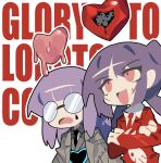  2girls absurdres black_necktie coat crossed_arms english_text ghost_(tama) glasses heart highres lobotomy_corporation medium_hair multiple_girls necktie open_mouth original project_moon purple_hair red_eyes red_necktie red_suit scar scar_on_face simple_background suit teardrop_tattoo white_background 