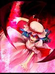  blue_hair dress fire from_above hat looking_at_viewer looking_up magic mob_cap pink_dress puffy_short_sleeves puffy_sleeves red_eyes remilia_scarlet short_hair short_sleeves solo touhou ukyo_rst 