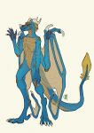 anthro blue_body blue_scales claws dragon flat_colors full-length_portrait hi_res horn line_art membrane_(anatomy) membranous_wings muscular ponynok portrait raised_hand scales simple_background solo spikes spikes_(anatomy) tail wings yellow_body yellow_scales