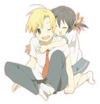  1girl :d ;d ^_^ ^o^ black_hair blonde_hair blue_skirt brother_and_sister clannad closed_eyes full_body hayato_(meromoni) hug hug_from_behind kneeling necktie one_eye_closed open_mouth pleated_skirt red_neckwear short_hair siblings simple_background size_difference skirt smile sunohara_mei sunohara_youhei twintails white_background 
