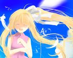  air bird blonde_hair feathers hair_ribbon kamio_misuzu kayune_niu long_hair ribbon sleeveless solo very_long_hair 