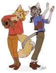 absurd_res anthro black_hair blonde_hair canid canine dancing domestic_cat duo felid feline felis fox hair hi_res male male/male mammal miguel_(the_road_to_el_dorado) musical_instrument tail tail_motion tatujapa tulio_(the_road_to_el_dorado) whiskers