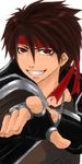  bad_id bad_pixiv_id brown_hair close-up fingerless_gloves gloves grin headband jacket jewelry majutsushi_orphen male_focus necklace orphen pointing red_hair smile solo wadumi 