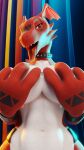 abstract_background absurd_res anthro bandai_namco big_breasts breasts claws collar collar_only covering covering_breasts curled_tongue digimon digimon_(species) female fin fingers guilmon guilmon_(furromantic) head_wings hi_res holding_breast lizard long_tongue looking_at_viewer looking_down markings narrowed_eyes nude open_mouth red_body red_scales reptile scales scalie seductive smile studded_collar teeth tongue tongue_out wings