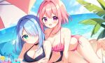  2girls :d aoi_yun bare_shoulders beach_umbrella bendy_straw bikini black_bikini black_choker blue_hair blue_sky blurry blurry_foreground blush breasts choker cleavage closed_mouth cloud collarbone commentary_request cup day depth_of_field drinking_glass drinking_straw frilled_bikini frills green_eyes hair_between_eyes hair_over_one_eye horizon large_breasts multiple_girls navel ocean original outdoors palm_tree pillow pink_hair purple_eyes sky smile swimsuit tree umbrella water 