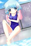  bad_id bad_pixiv_id blue_eyes blue_hair chain-link_fence day fence one-piece_swimsuit original outdoors pool poolside school_swimsuit short_hair solo swimsuit towel wet yuumi_neiro 