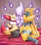 1:1 absurd_res alpha_channel anthro balls balls_touching bed_sheet bedding bedroom_eyes blush bodily_fluids braixen candle canid canine colored cum cum_drip cyber_comet digital_media_(artwork) dripping fan_character female fire foreskin fox frottage generation_6_pokemon generation_7_pokemon generation_9_pokemon genital_fluids genitals greavard group group_sex gynomorph hi_res intersex intersex/female intersex/male kiala_moon kneeling legendary_pokemon licking male male/female mammal narrowed_eyes navel nintendo oral pawpads paws penile penis penis_lick pokemon pokemon_(species) pulsar_(cyber_comet) purple_body red_eyes scarf scarlet_(scarlet_phox) seductive sex sitting tail threesome tongue tongue_out trio waist_grab yellow_body yellow_tail zeraora