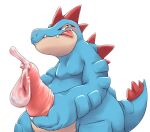 2019 anthro blue_eyes blush canid canine condom fangs feraligatr filled_condom fox generation_2_pokemon hi_res holding_own_penis licking licking_lips looking_at_viewer male mammal masturbation nintendo nobby pokemon pokemon_(species) sexual_barrier_device simple_background solo teeth tongue tongue_out wearing_condom white_background