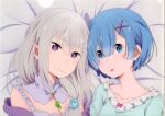  2girls absurdres bare_shoulders blue_eyes blue_hair breasts dress emilia_(re:zero) food frilled_dress frills hair_ornament highres holding large_breasts long_hair multiple_girls official_art open_mouth pink_vest pointy_ears purple_eyes re:zero_kara_hajimeru_isekai_seikatsu rem_(re:zero) ribbon short_hair straight_hair vest 