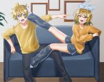  1boy 1girl ahoge anger_vein angry black_pants blue_eyes bow brother_and_sister couch dolphin_shorts fang foot_on_another&#039;s_face grey_leg_warmers grey_shorts hair_between_eyes hair_bow hair_ornament hairclip half-closed_eye highres kagamine0928 kagamine_len kagamine_rin kicking long_sleeves medium_hair orange_shirt pants picture_frame pointing pointing_at_another shirt short_hair shorts siblings sleeves_rolled_up spiked_hair twins vocaloid wavy_hair wavy_mouth white_bow wooden_floor yellow_shirt 