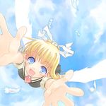  :d air blonde_hair blue_eyes child day feathers foreshortening hair_ribbon hands kamio_misuzu kito_(sorahate) lowres open_mouth ribbon school_uniform sky smile solo wings 