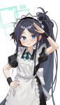  absurdres alpha_beast apron aris_(blue_archive) aris_(maid)_(blue_archive) black_dress black_hair blue_archive blue_eyes blue_ribbon blush collared_dress dress frilled_apron frills green_halo halo hand_on_own_hip hand_up highres long_hair maid maid_apron maid_headdress nail_polish official_alternate_costume parted_bangs parted_lips puffy_short_sleeves puffy_sleeves red_nails ribbon salute short_sleeves side_ponytail simple_background square_halo teeth very_long_hair white_apron white_background wrist_cuffs 