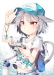  1girl absurdres alternate_costume animal_ears armlet backpack bag blue_headwear blush bottle camera clothes_writing crystal grey_hair highres holding holding_camera holding_with_tail jewelry kibayashi_kimori mouse_ears mouse_girl mouse_tail nazrin prehensile_tail red_eyes shirt short_hair shorts solo t-shirt tail touhou white_shirt white_shorts 