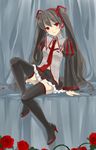  1girl alternate_color boots detached_sleeves flower high_heels long_hair necktie red_eyes rose shoes skirt smile solo thigh_boots thighhighs twintails very_long_hair vocaloid zatsune_miku 