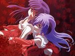  blue_eyes blue_hair blurry couple depth_of_field detached_sleeves flower furude_rika hakama hanyuu highres higurashi_no_naku_koro_ni horns japanese_clothes long_hair miko multiple_girls non-web_source official_art purple_eyes purple_hair red_hakama sakai_kyuuta spider_lily sunset undressing wallpaper yuri 