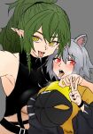  2girls after_kiss animal_ear_fluff animal_ears arknights bare_shoulders belt black_jacket black_nails blush click_(arknights) dokonjou_(odossan) forked_tongue gavial_(arknights) green_hair grey_background grey_hair hat high_ponytail holding holding_clothes holding_hat jacket looking_at_viewer mouse_ears mouse_girl multiple_girls nail_polish open_mouth pointy_ears red_eyes saliva saliva_trail smile tongue tongue_out upper_body v yellow_eyes yuri 