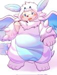 3:4 anthro blue_eyes blush clothing feathered_wings feathers fur hi_res kemono kigurumi male neck_tuft onesie overweight pal_(species) palworld pocketpair quivern simple_background solo tuft white_background white_body white_fur wings xinghui00186717