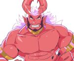  1boy abs armlet bara beard black_nails clenched_teeth curled_horns demon_(saltypoundcake) earrings facial_hair frown full_beard gem gold horns jewelry large_pectorals long_hair looking_at_viewer male_focus mature_male muscular muscular_male nipples original pectorals pendant purple_gemstone saltypoundcake solo teeth thick_eyebrows upper_body 