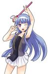  armpits bangs blue_hair blunt_bangs collarbone hair_tubes hands highres hinata_sora kannagi long_hair nagi one_eye_closed pleated_skirt skirt smile solo v very_long_hair white_skirt 