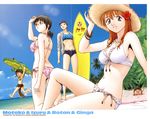  ass beach bikini black_hair brown_eyes brown_hair change123 clothes_writing comic day gettou_motoko glasses highres iwasawa_shiuri multiple_girls navel orange_hair outdoors scan short_hair side-tie_bikini sky sports_bikini surfboard swimsuit tsukishima_botan water 