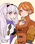  2girls alternate_hairstyle braid breasts chimney_(chimney0311) cleavage fire_emblem fire_emblem:_three_houses highres leonie_pinelli lysithea_von_ordelia medium_breasts multiple_girls orange_eyes orange_hair pink_eyes ponytail simple_background white_hair 