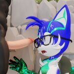 anthro bodily_fluids canid canine chest_crystal chrystix_(twintails3d) crystal cum cum_on_face duo eyewear fan_character fox genital_fluids genitals glasses hi_res looking_at_genitalia looking_at_penis male male/male mammal penis sega sonic_the_hedgehog_(series) twintails3d