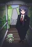  2girls black_souls blue_eyes blue_hair bright_pupils brown_footwear bush business_suit car chinese_commentary closed_mouth collared_shirt cross-shaped_pupils dark_blue_hair fairy fairy_wings frown green_eyes green_hair green_leotard highres koshou_shou_mitsu leaf_(black_souls) leotard loafers long_hair mabel_(black_souls) maid_headdress motor_vehicle multiple_girls necktie path pointy_ears porch red_necktie shirt shoes suit symbol-shaped_pupils white_pupils white_shirt wings yellow_pupils 