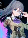  1girl absurdres ascot belt blue_eyes blue_hair brown_belt brown_gloves brown_jacket brown_sleeves closed_mouth detective fire fu_hua fu_hua_(hawk_of_the_fog) fu_hua_(valkyrie_accipiter) gloves grey_hair hair_between_eyes high_ponytail highres honkai_(series) honkai_impact_3rd huang_tie_lin jacket lightning long_hair long_sleeves looking_at_viewer monocle official_alternate_costume open_clothes open_jacket pink_fire ponytail purple_ascot shirt solo upper_body white_shirt 