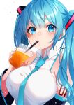  1girl absurdres alternate_breast_size anzu_(x_anzu_ill) aqua_eyes aqua_hair aqua_necktie arm_tattoo bare_shoulders between_breasts blush breasts collared_shirt commentary_request cup detached_sleeves disposable_cup drinking drinking_straw eyelashes hair_between_eyes hand_up hatsune_miku highres holding holding_cup large_breasts long_hair long_sleeves looking_at_viewer necktie necktie_between_breasts shirt simple_background sleeveless sleeveless_shirt solo tattoo tea twintails upper_body vocaloid white_background white_shirt wide_sleeves 