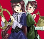  bad_id bad_pixiv_id blush brown_hair cosplay costume_switch dress frills heterochromia jinnikureiche long_hair multiple_girls rozen_maiden scissors short_hair siblings sisters souseiseki suiseiseki twins very_long_hair watering_can 