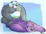 &lt;3 2024 anthro bear belly big_belly black_body black_nose blush butt clothing duo giant_panda jakegr male mammal overweight overweight_male purple_body simple_background tongue tongue_out underwear white_body