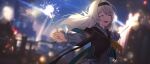  1girl :d black_hairband black_jacket blue_jacket blurry blurry_background bokeh city_lights cityscape closed_eyes collared_shirt cowboy_shot depth_of_field facing_viewer firefly_(honkai:_star_rail) floating_hair hair_between_eyes hair_intakes hairband holding_fireworks honkai:_star_rail honkai_(series) jacket long_hair long_sleeves neckerchief night open_mouth orange_neckerchief outdoors outstretched_arms shirt sidelocks smile solo ti_(t_213_70_11) two-sided_fabric two-sided_jacket white_hair white_shirt 