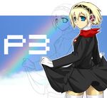  aegis_(persona) android blonde_hair blue_eyes dress dress_lift from_behind fukakiri_hanebito hairband lineart looking_back persona persona_3 rainbow short_hair solo thighhighs white_legwear zettai_ryouiki zoom_layer 