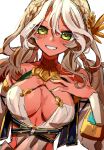  1girl andromeda_(fate) blonde_hair boseki_(edam_a) breasts choker dark-skinned_female dark_skin detached_sleeves fate/grand_order fate_(series) gold_choker green_eyes hair_ornament hand_on_own_chest highres large_breasts long_hair multicolored_hair parted_lips simple_background smile solo teeth twintails two-tone_hair white_background white_hair white_sleeves 