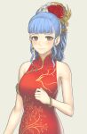  1girl absurdres alternate_costume alternate_hairstyle blue_hair breasts brown_eyes china_dress chinese_clothes dress fire_emblem fire_emblem:_three_houses gofelem highres looking_at_viewer marianne_von_edmund simple_background 