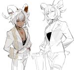  1girl alternate_costume arknights black_shirt bokyo breasts cane carnelian_(arknights) commentary_request dark-skinned_female dark_skin gloves goat_girl goat_horns highres horns jewelry looking_at_viewer medium_breasts multiple_views necklace open_clothes pant_suit pants red_eyes shirt simple_background sketch smile suit white_background white_gloves white_hair 