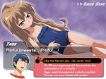  1girl aisaka_taiga bad_id bad_pixiv_id brown_eyes brown_hair choice competition_school_swimsuit dutch_angle fake_screenshot hard_translated jpeg_artifacts kenji_t1710 long_hair one-piece_swimsuit school_swimsuit swimsuit takasu_ryuuji toradora! translated visual_novel 