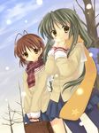  antenna_hair bad_id bad_pixiv_id bag breath brown_eyes brown_hair clannad furukawa_nagisa green_hair hanabana_tsubomi hikarizaka_private_high_school_uniform ibuki_fuuko long_hair looking_at_viewer multiple_girls pantyhose scarf school_bag school_uniform short_hair smile snow v_arms winter yellow_eyes 