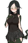  1girl absurdres black_hair black_skirt blush breasts highres large_breasts lizard_tail long_hair looking_at_viewer monster_girl reptile_girl scales scp-682 scp_foundation simple_background skirt sleeveless smile solo tail white_background yellow_eyes 