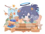  1girl bamboo bath bathing blue_archive blue_background blue_eyes blue_hair blush border branch bucket closed_mouth commentary_request hair_between_eyes hair_bun hair_ornament halo hands_up highres holding leaf leaf_on_head maple_leaf outside_border partially_submerged rubber_duck shirota_(petapeta84) sidelocks simple_background single_hair_bun smile solo steam stool towel washbowl water white_border wooden_bucket yuuka_(blue_archive) 