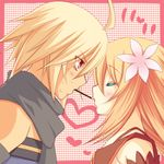  1girl blonde_hair blush brown_hair closed_eyes couple daybreak emil_castagnier flower food hetero long_hair lowres marta_lualdi pocky pocky_kiss red_eyes scarf shared_food tales_of_(series) tales_of_symphonia tales_of_symphonia_knight_of_ratatosk 