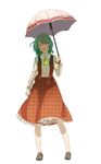  ascot full_body green_hair kazami_yuuka mugishima_orie parasol plaid plaid_skirt plaid_vest red_eyes shoes short_hair skirt skirt_set solo standing touhou umbrella unmoving_pattern vest white_background 